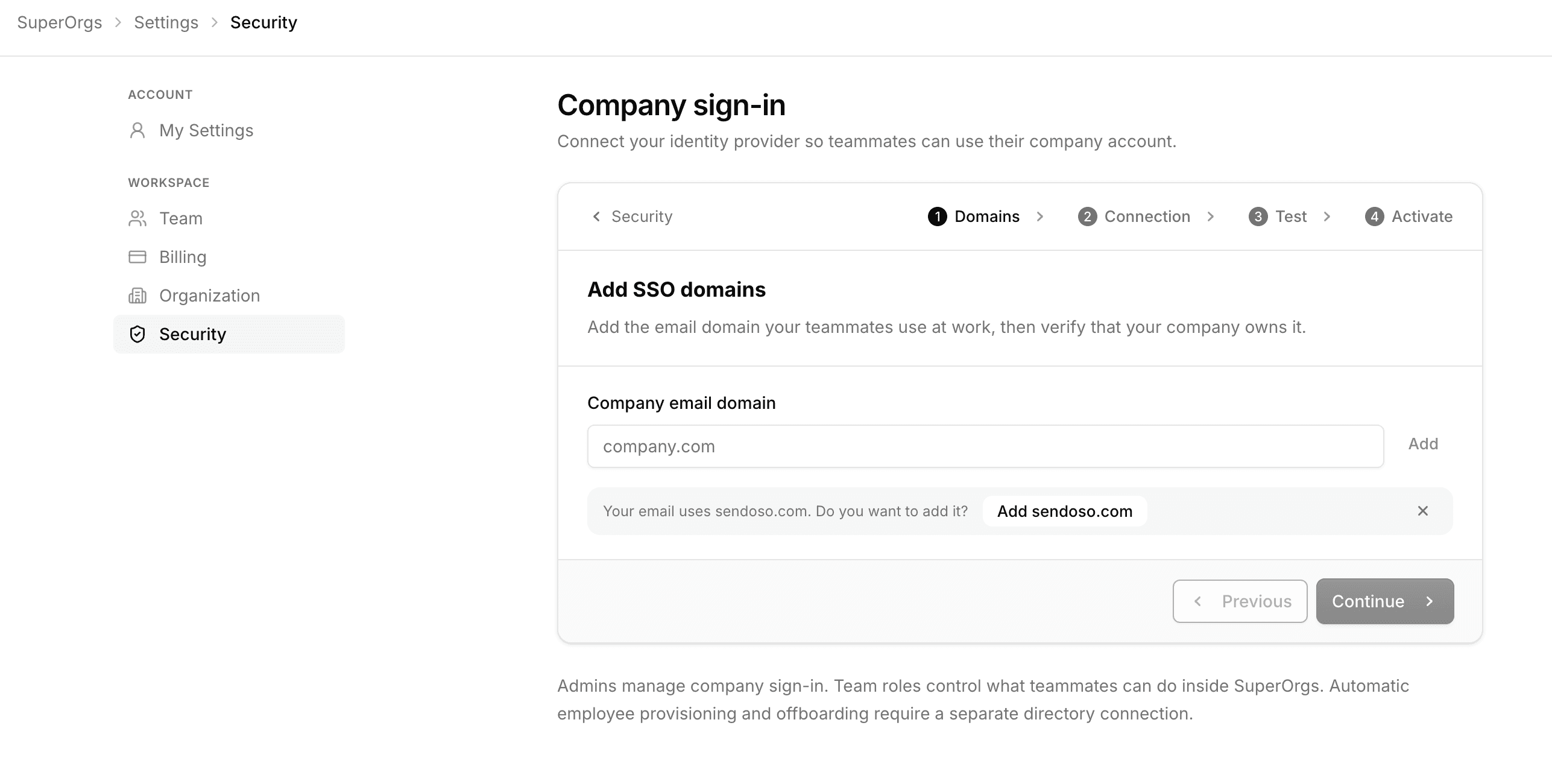 The Company sign-in page under Settings, then Security: a four-step wizard, Domains, Connection, Test, and Activate, open on the Add SSO domains step with a field for the company email domain.