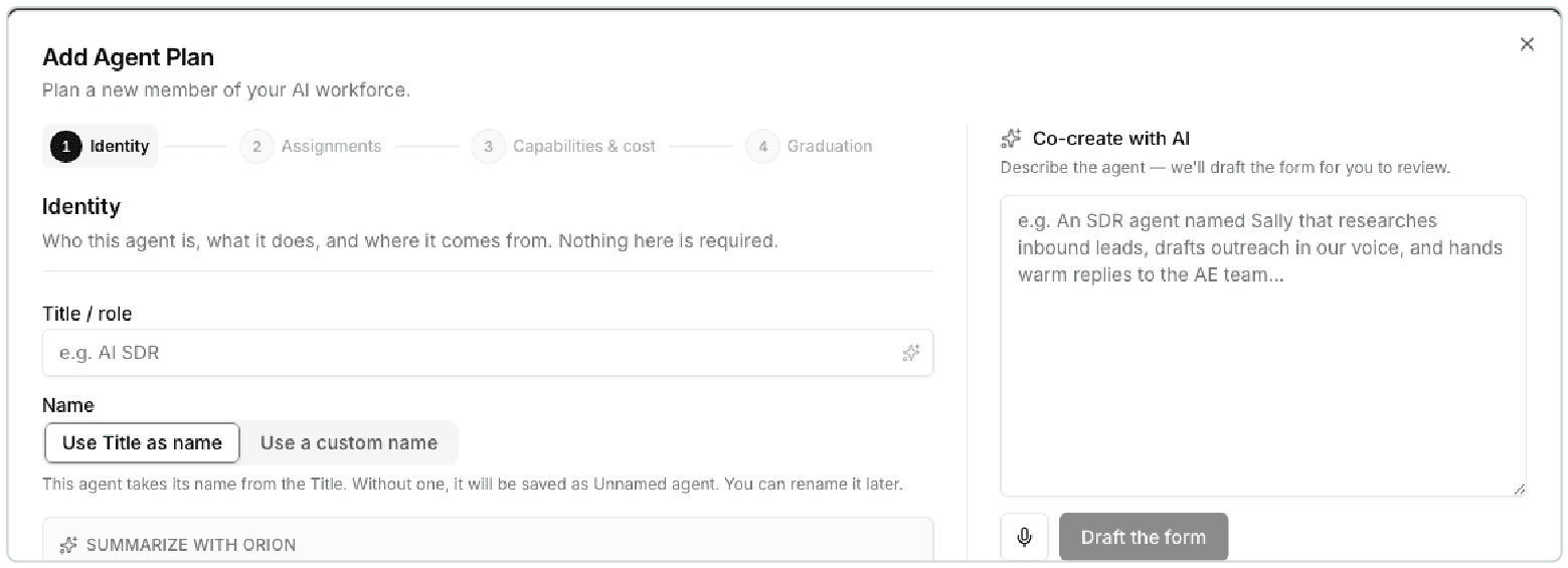 The Add Agent Plan wizard in SuperOrgs on its Identity step, with the Co-create with AI panel beside the form.