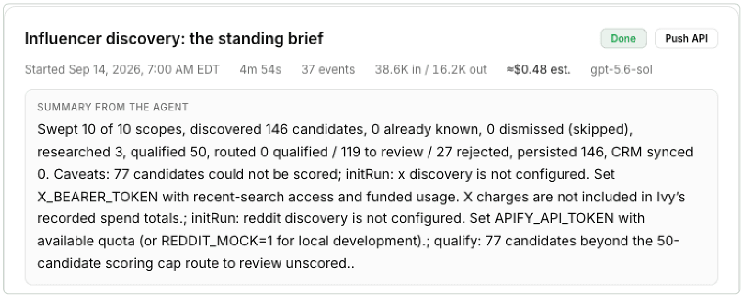A SuperIvy run in SuperOrgs Activity: the standing discovery brief with its duration, event count, tokens, estimated cost, model, and the summary from the agent.